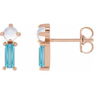 14K Rose Gold Natural Rainbow Moonstone & Natural Swiss Blue Topaz Earrings