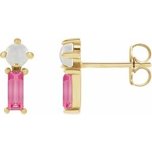 14K Yellow Gold Natural White Opal & Natural Pink Tourmaline Earrings