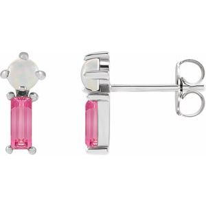 Sterling Silver Natural White Opal & Natural Pink Tourmaline Earrings