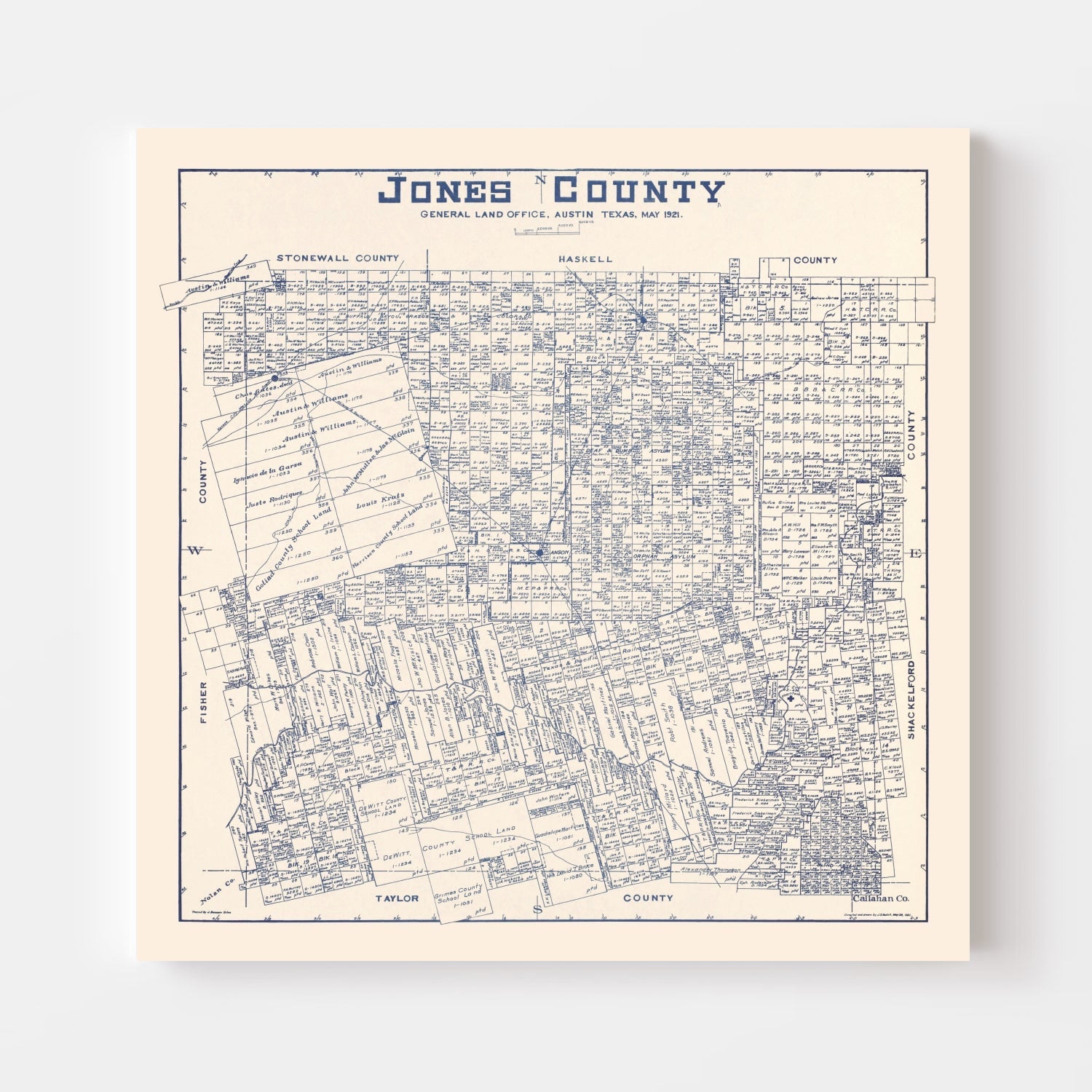 Vintage Map of Jones County, Texas 1921