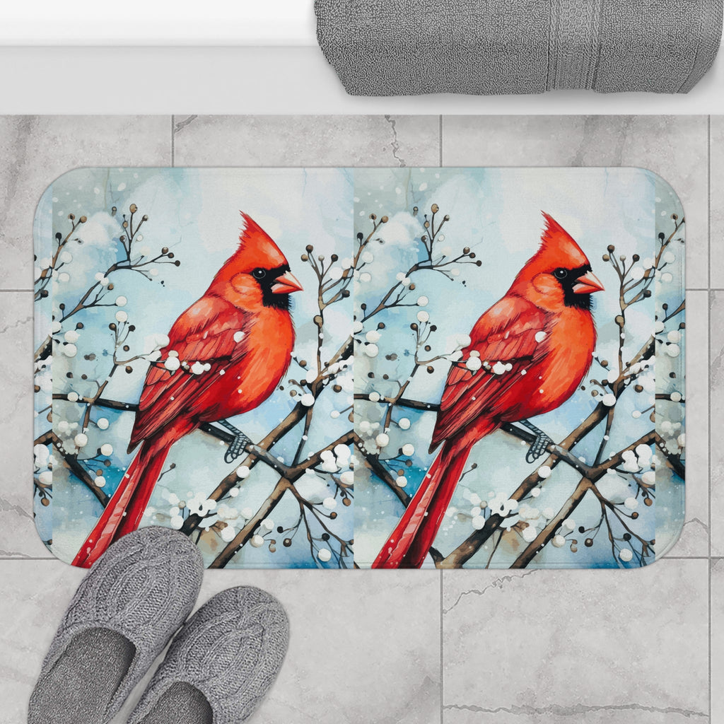 Red Bird in the Snow Bath Mat