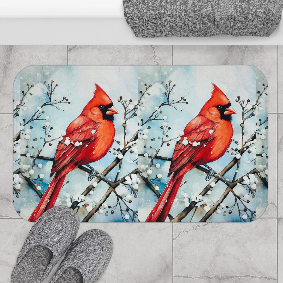 Red Bird in the Snow Bath Mat