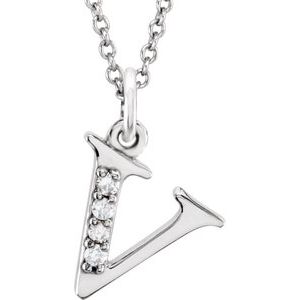 14K White Gold .02 CTW Natural Diamond Lowercase Initial V 16" Necklace
