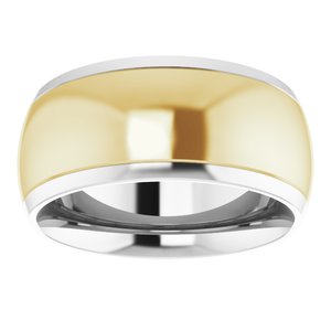 14K White/Yellow 9 mm Stepped Beveled-Edge Inlay Comfort-Fit Half Round Band Size 10