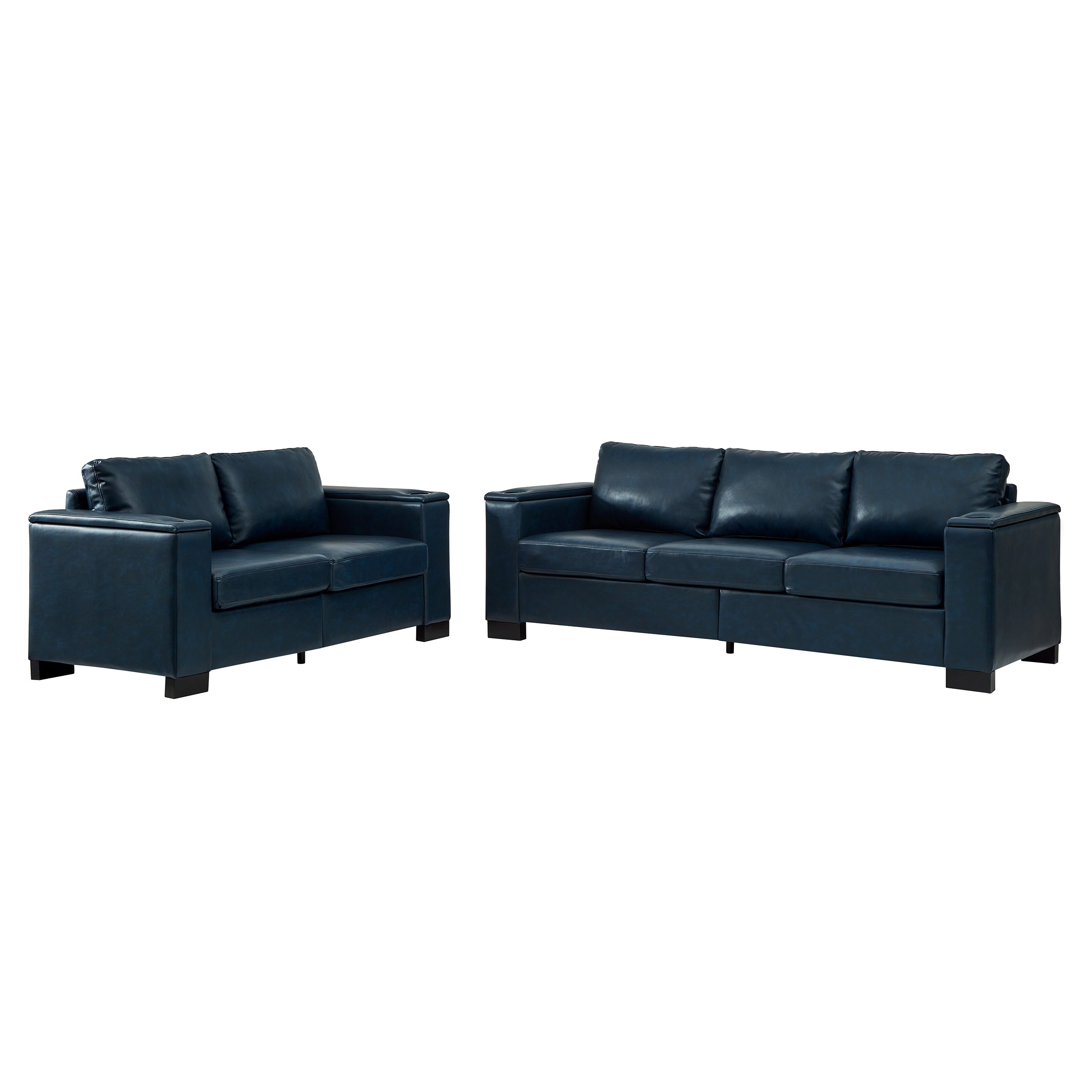Two Pieces 2+3 seater Sofa Modern Style Living Room Sofa Faux Leather Couch,Square Arm Sofa with Cup Holder,Storage Sofa,Upholstered PU Leather Navy Blue