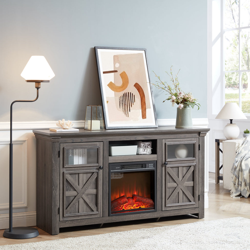 2 Doors Cabinet Farmhouse  Cabinet, Farmhouse TV Stand Barn Design,Farmhouse TV Media Stand, Large Barn Inspired Home Entertainment Console with 18' fireplace insert,GREY, 60.23'W*15.35'D*31.7'H