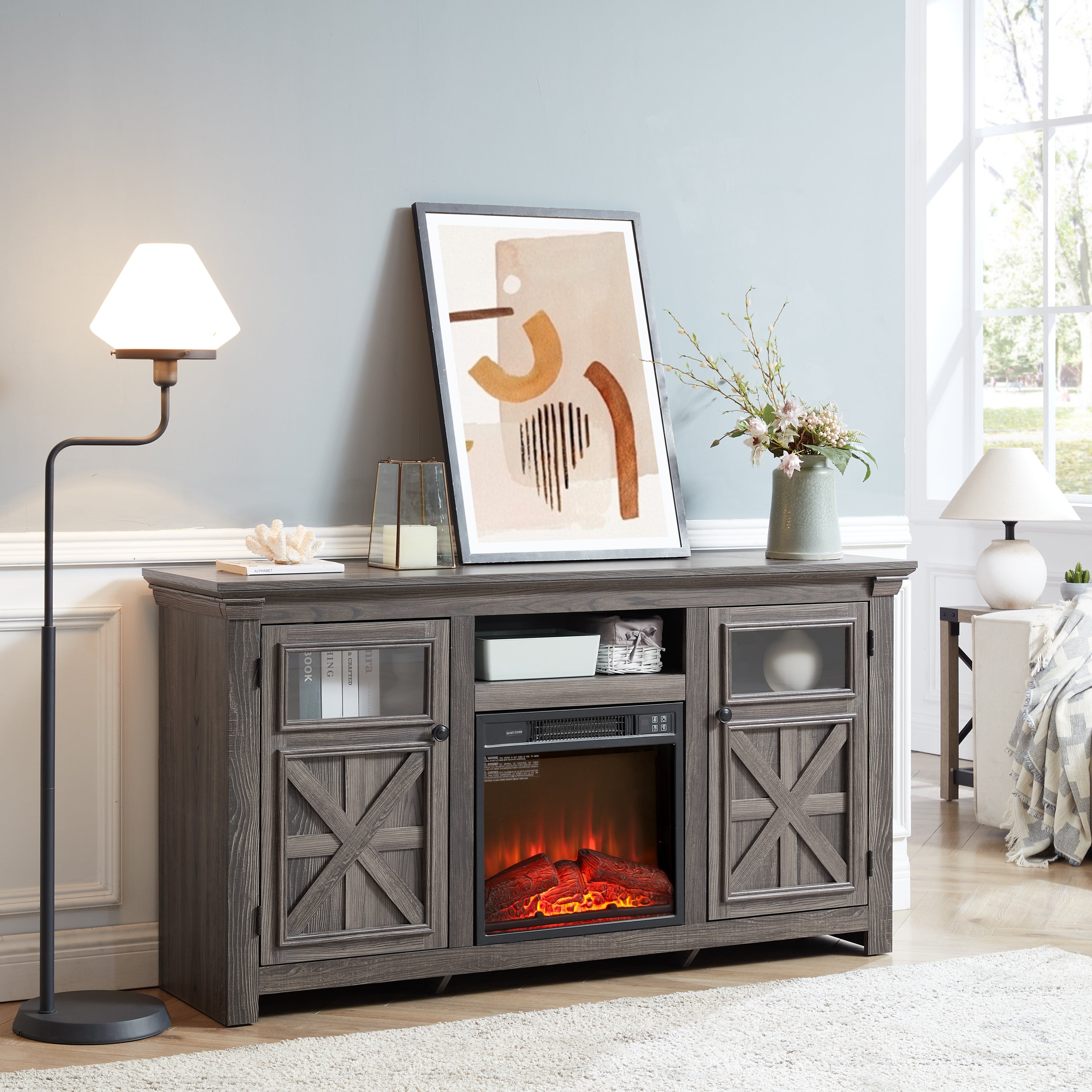 2 Doors Cabinet Farmhouse  Cabinet, Farmhouse TV Stand Barn Design,Farmhouse TV Media Stand, Large Barn Inspired Home Entertainment Console with 18' fireplace insert,GREY, 60.23'W*15.35'D*31.7'H