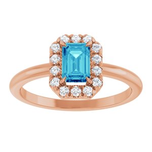 14K Rose Gold Natural Blue Zircon & 1/5 CTW Natural Diamond French-Set Halo-Style Ring