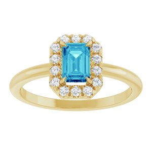 14K Yellow Gold Natural Blue Zircon & 1/5 CTW Natural Diamond French-Set Halo-Style Ring