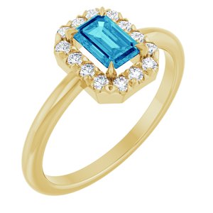 14K Yellow Gold Natural Blue Zircon & 1/5 CTW Natural Diamond French-Set Halo-Style Ring