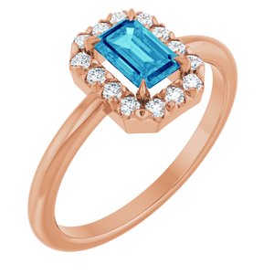 14K Rose Gold Natural Blue Zircon & 1/5 CTW Natural Diamond French-Set Halo-Style Ring