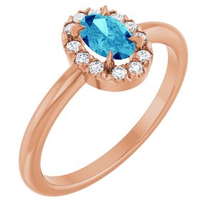 14K Rose Gold Natural Blue Zircon & 1/10 CTW Natural Diamond French-Set Halo-Style Ring