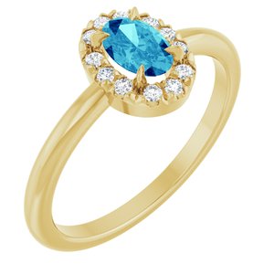 14K Yellow Gold Natural Blue Zircon & 1/10 CTW Natural Diamond French-Set Halo-Style Ring