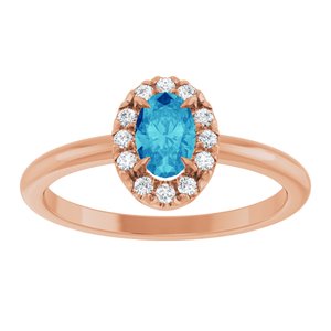 14K Rose Gold Natural Blue Zircon & 1/10 CTW Natural Diamond French-Set Halo-Style Ring
