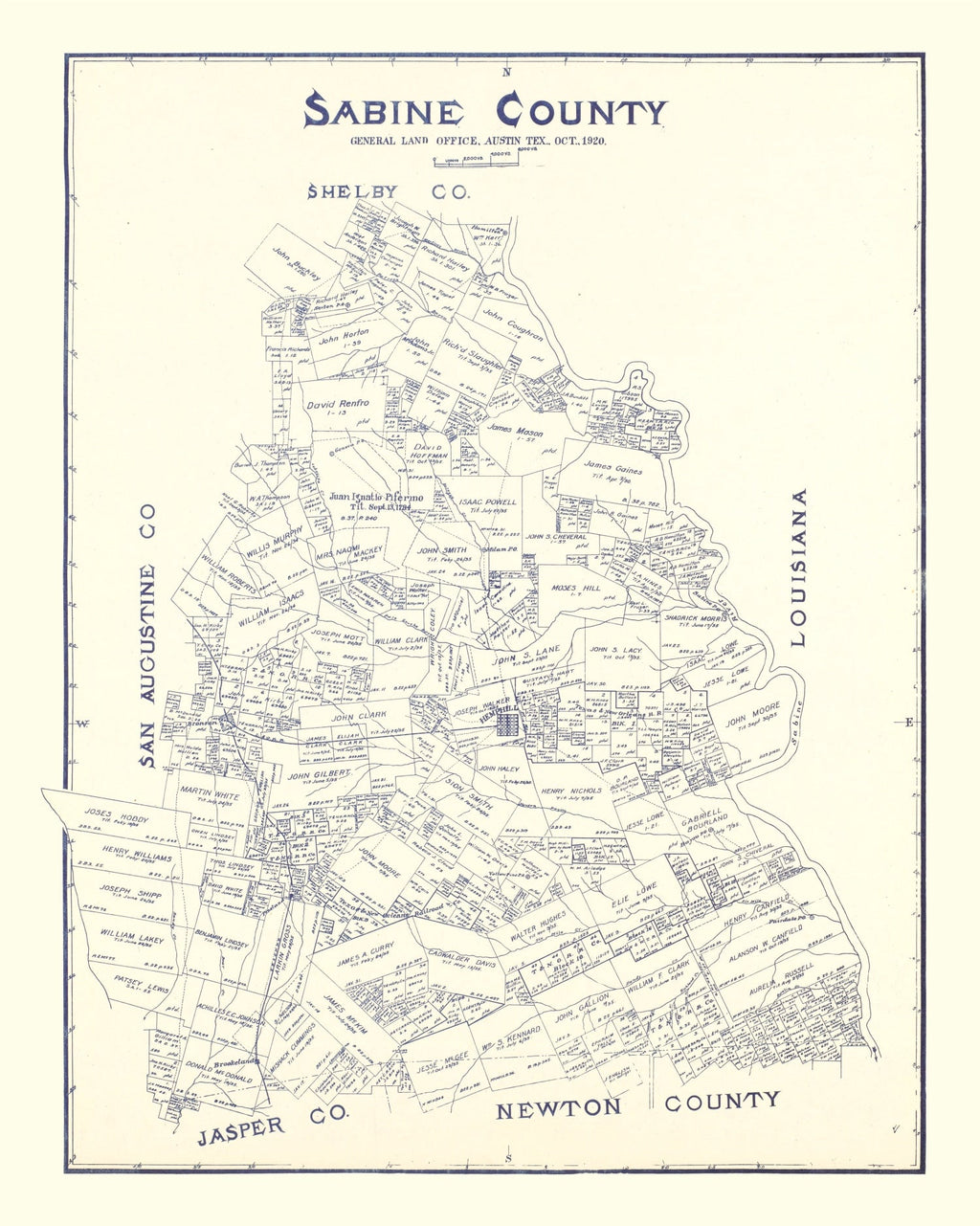 Vintage Map of Sabine County, Texas 1920