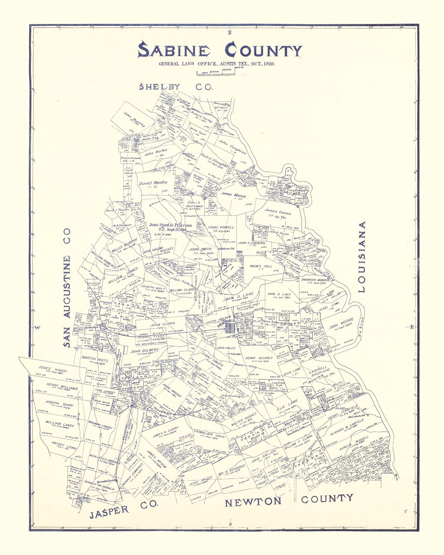 Vintage Map of Sabine County, Texas 1920