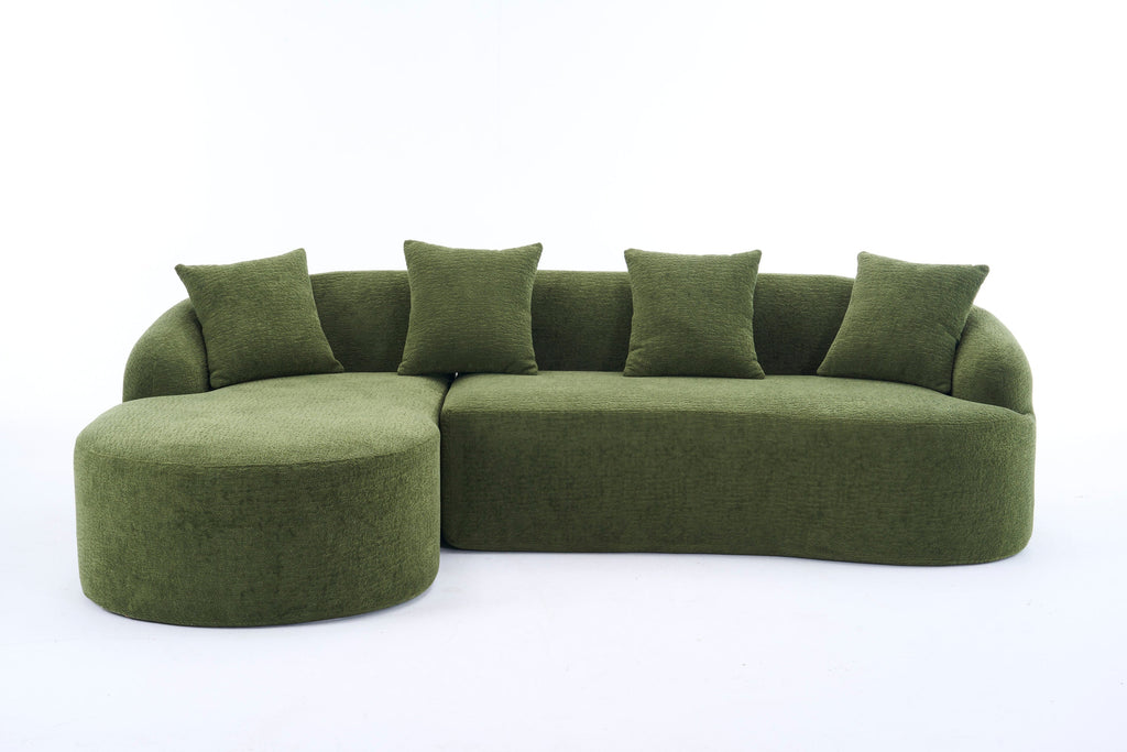 Compression Sponge L-Shape Sectional Sofa with Curved Chaise, Green Modular Chenille Couch No Assembly Required, 30D High-Density for Living Room Bedroom Apartment Lounge.