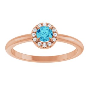 14K Rose Gold Natural Blue Zircon & .05 CTW Natural Diamond French-Set Halo-Style Ring