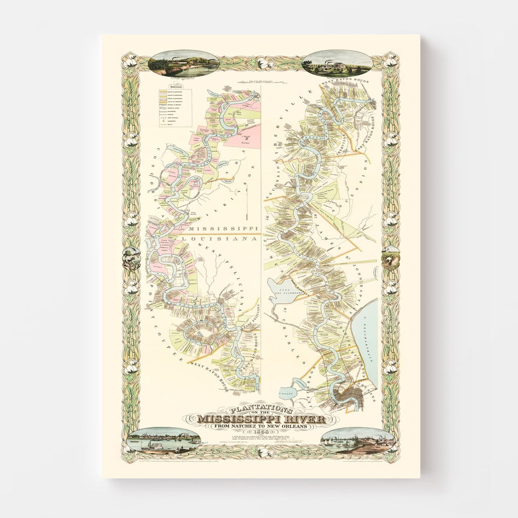 Vintage Plantations on the Mississippi River Map 1858