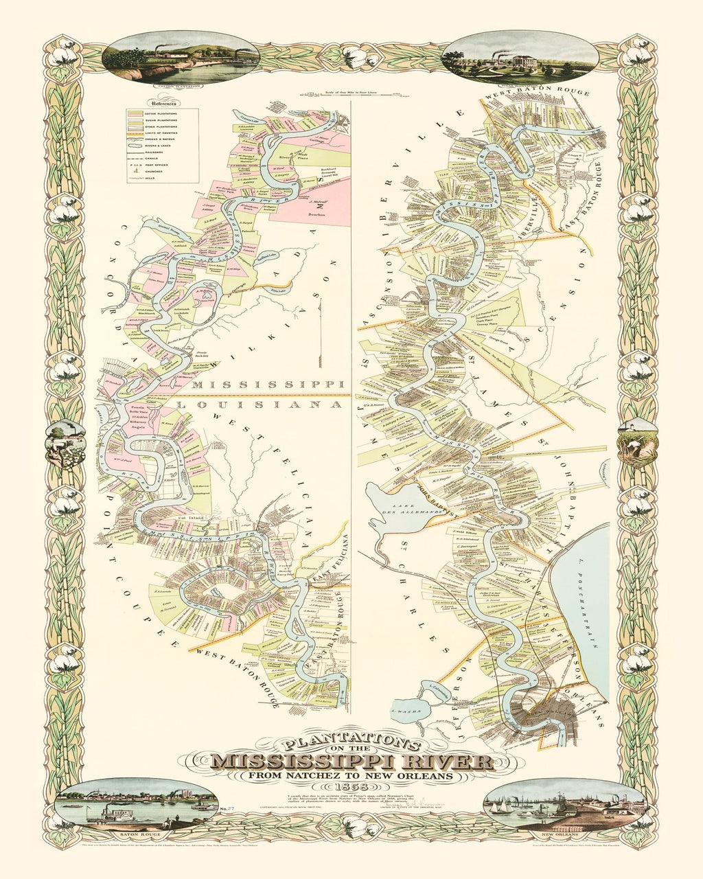 Vintage Plantations on the Mississippi River Map 1858