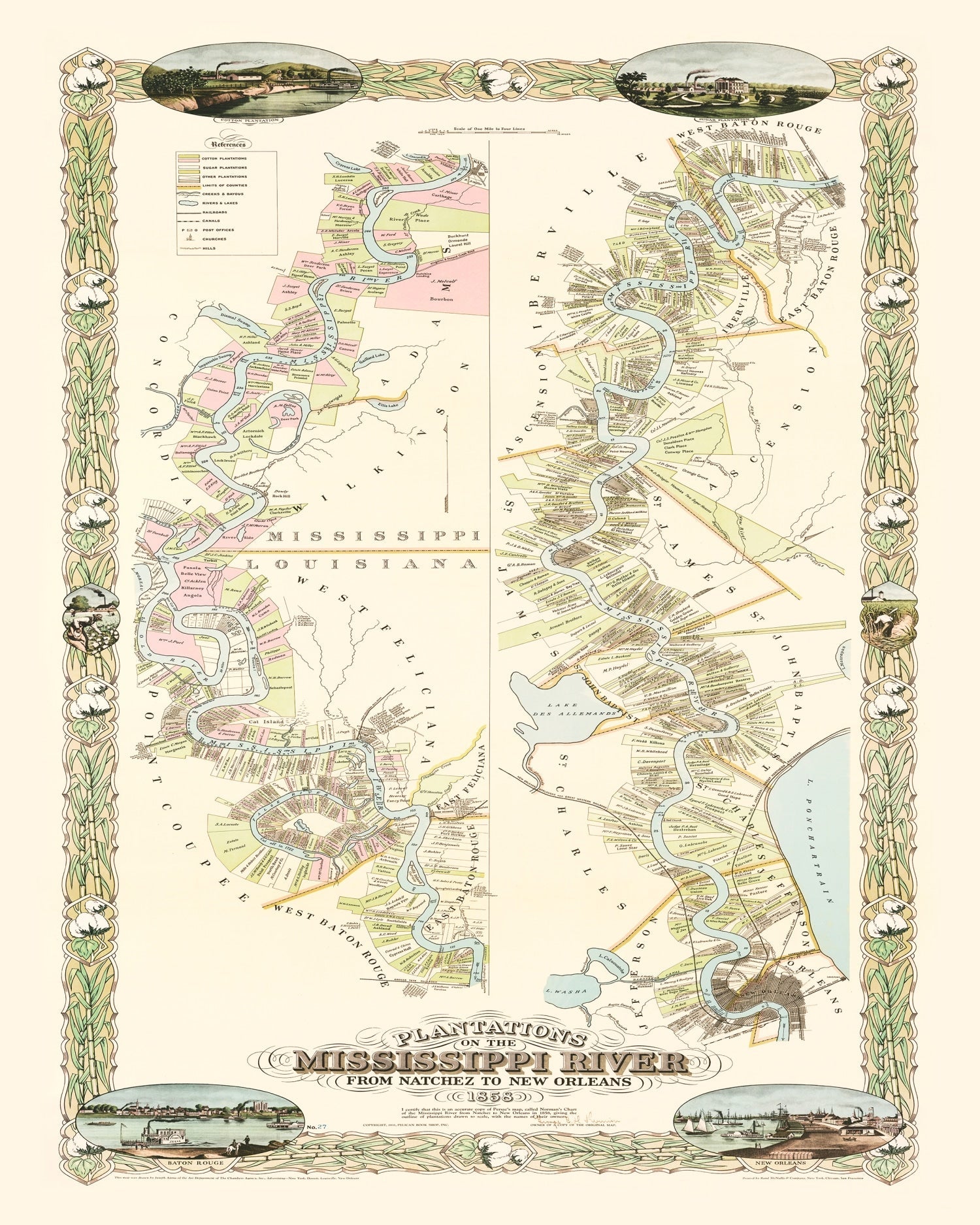 Vintage Plantations on the Mississippi River Map 1858
