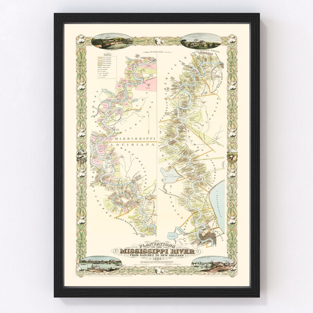 Vintage Plantations on the Mississippi River Map 1858