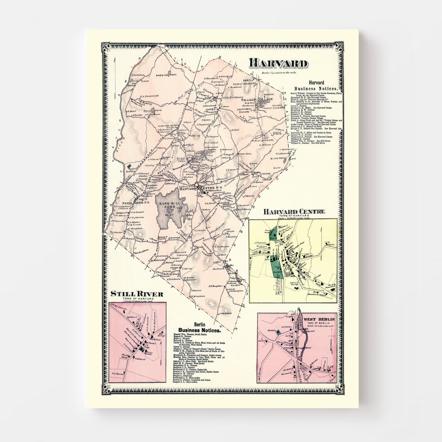 Vintage Map of Harvard, Massachusetts 1870