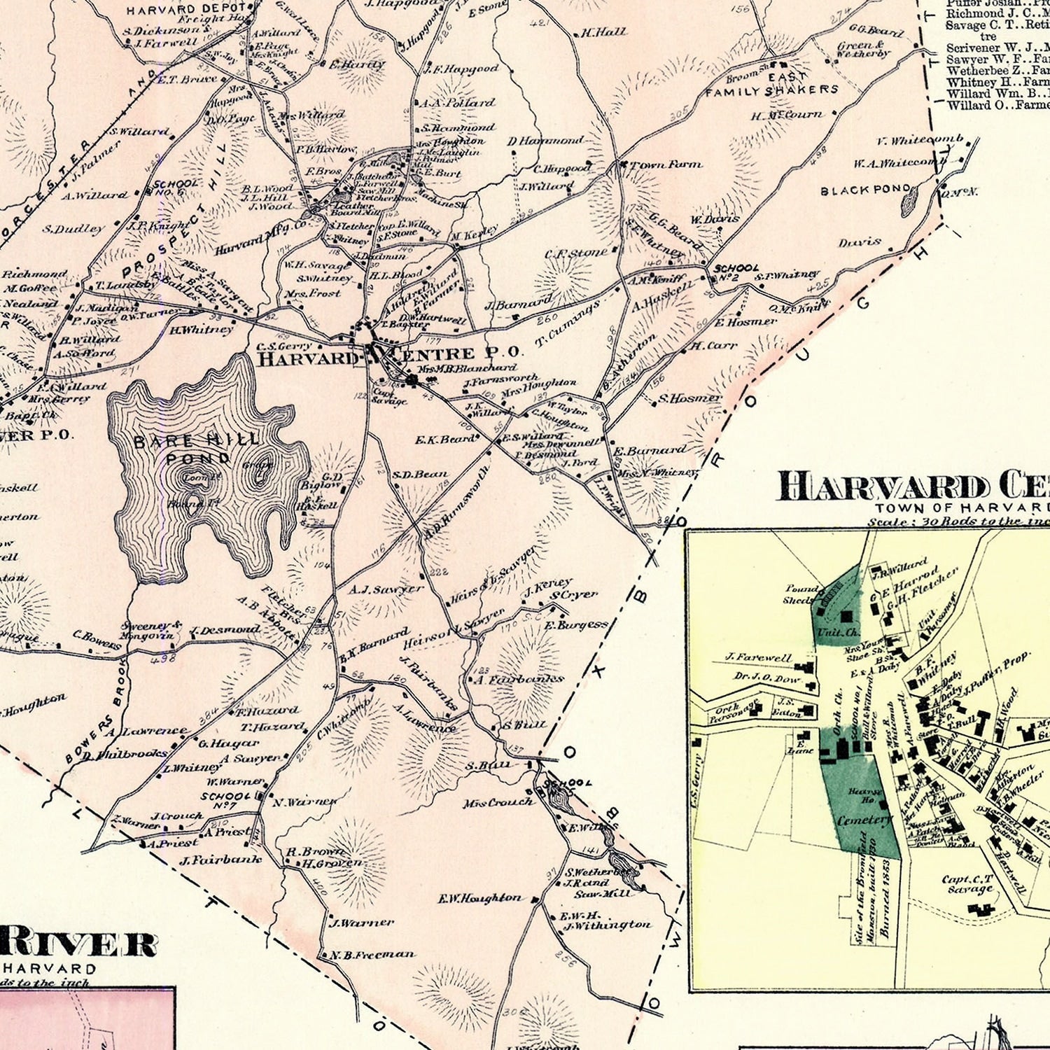 Vintage Map of Harvard, Massachusetts 1870