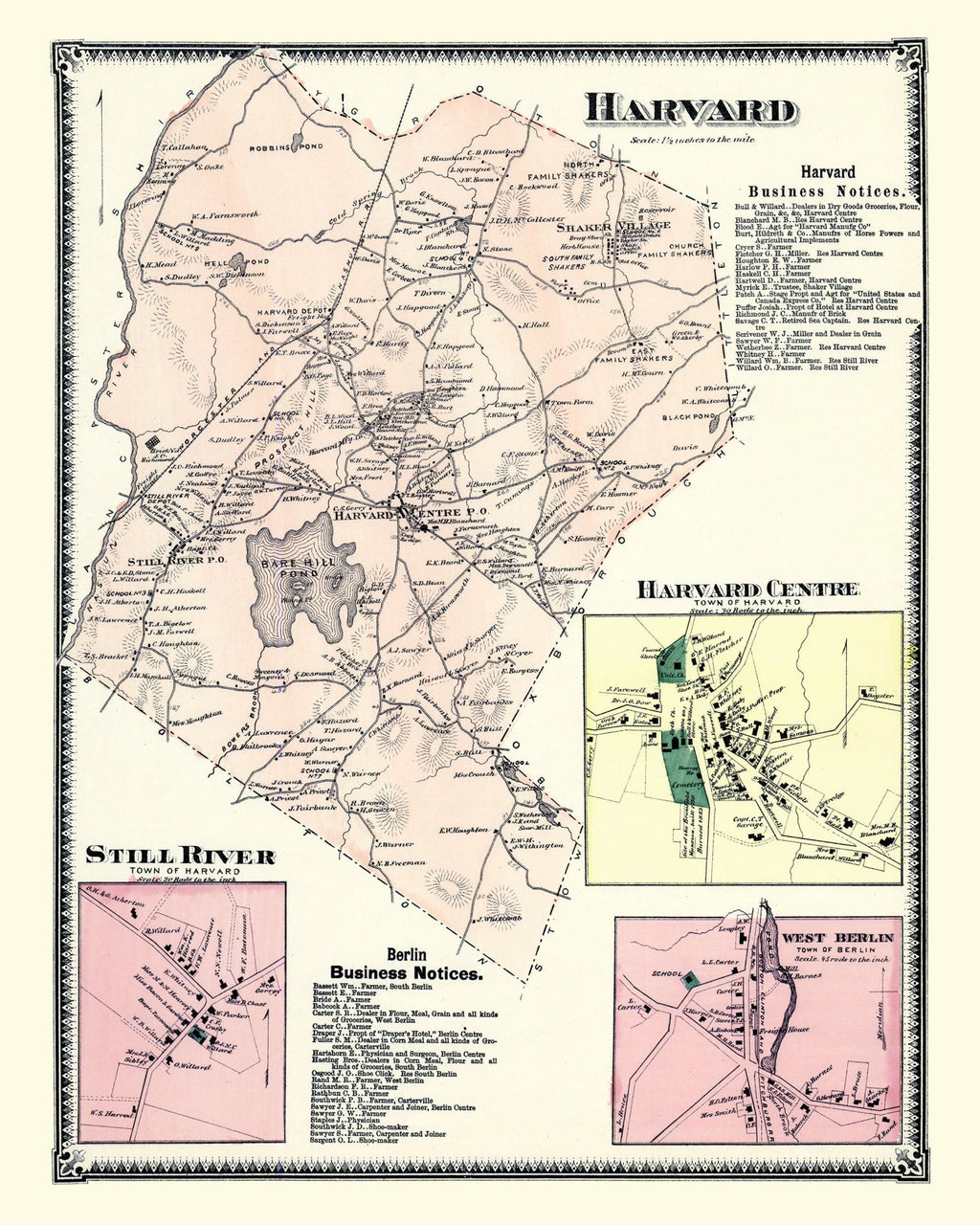 Vintage Map of Harvard, Massachusetts 1870
