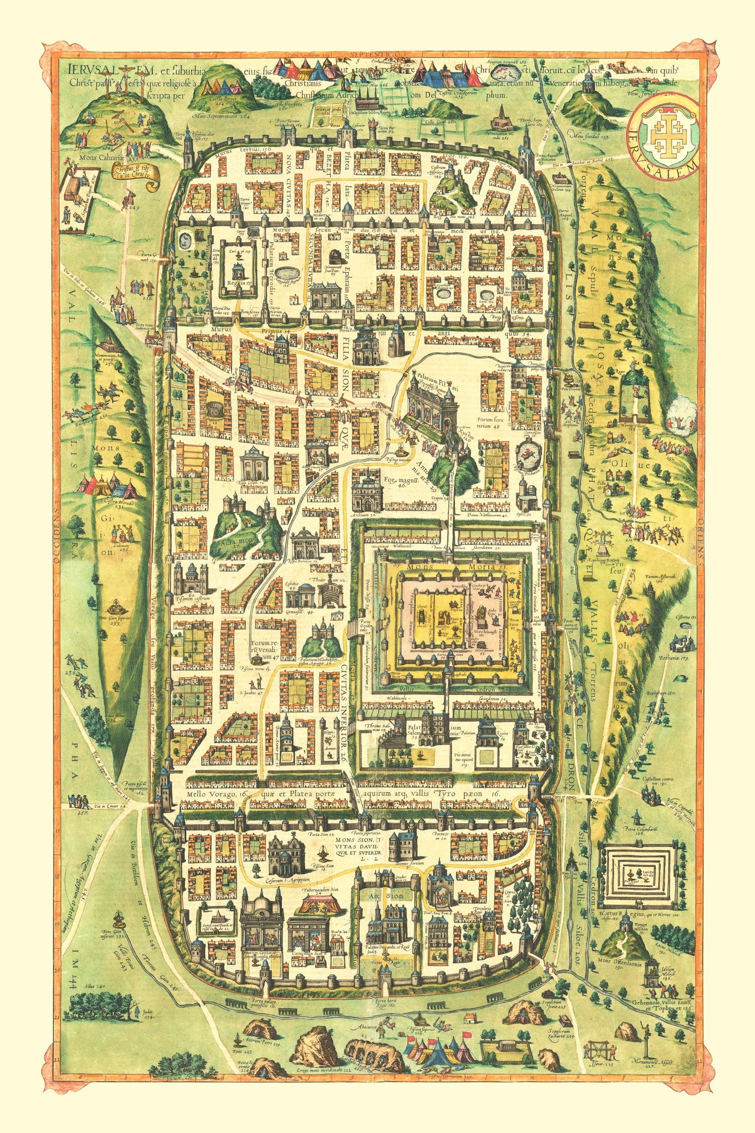 Vintage Map of Jerusalem, Israel 1588