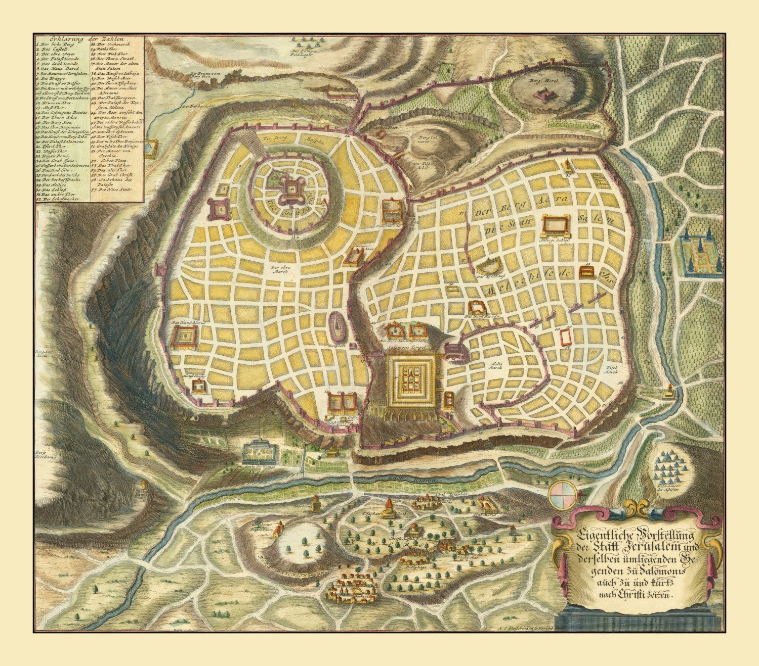 Vintage Map of Jerusalem, Israel 1736