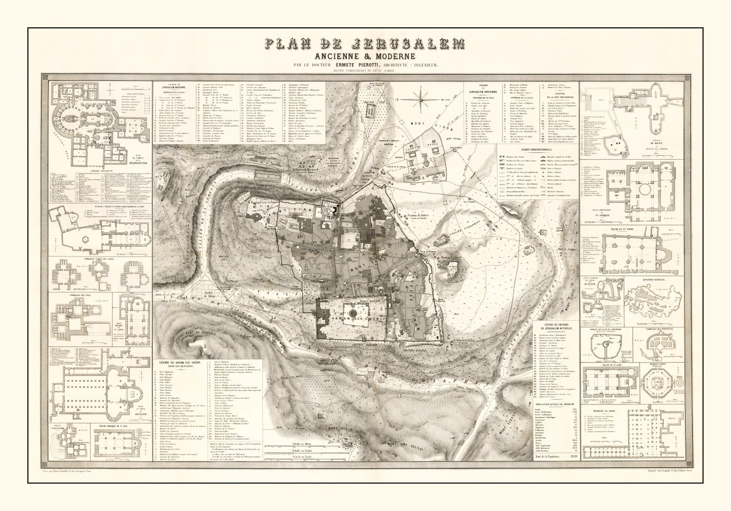 Vintage Map of Jerusalem, Israel 1860