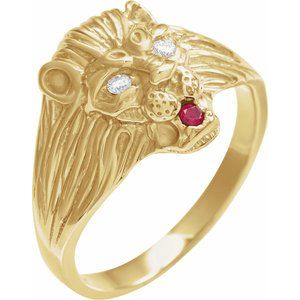 14K Yellow Gold .06 CTW Natural Diamond & Natural Ruby Lion Head Ring