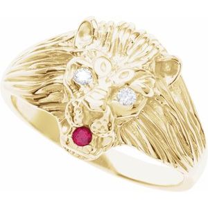 14K Yellow Gold .06 CTW Natural Diamond & Natural Ruby Lion Head Ring