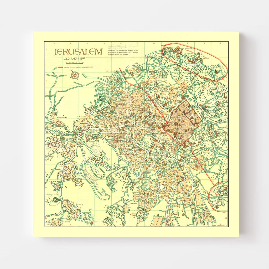 Vintage Map of Jerusalem, Israel 1955