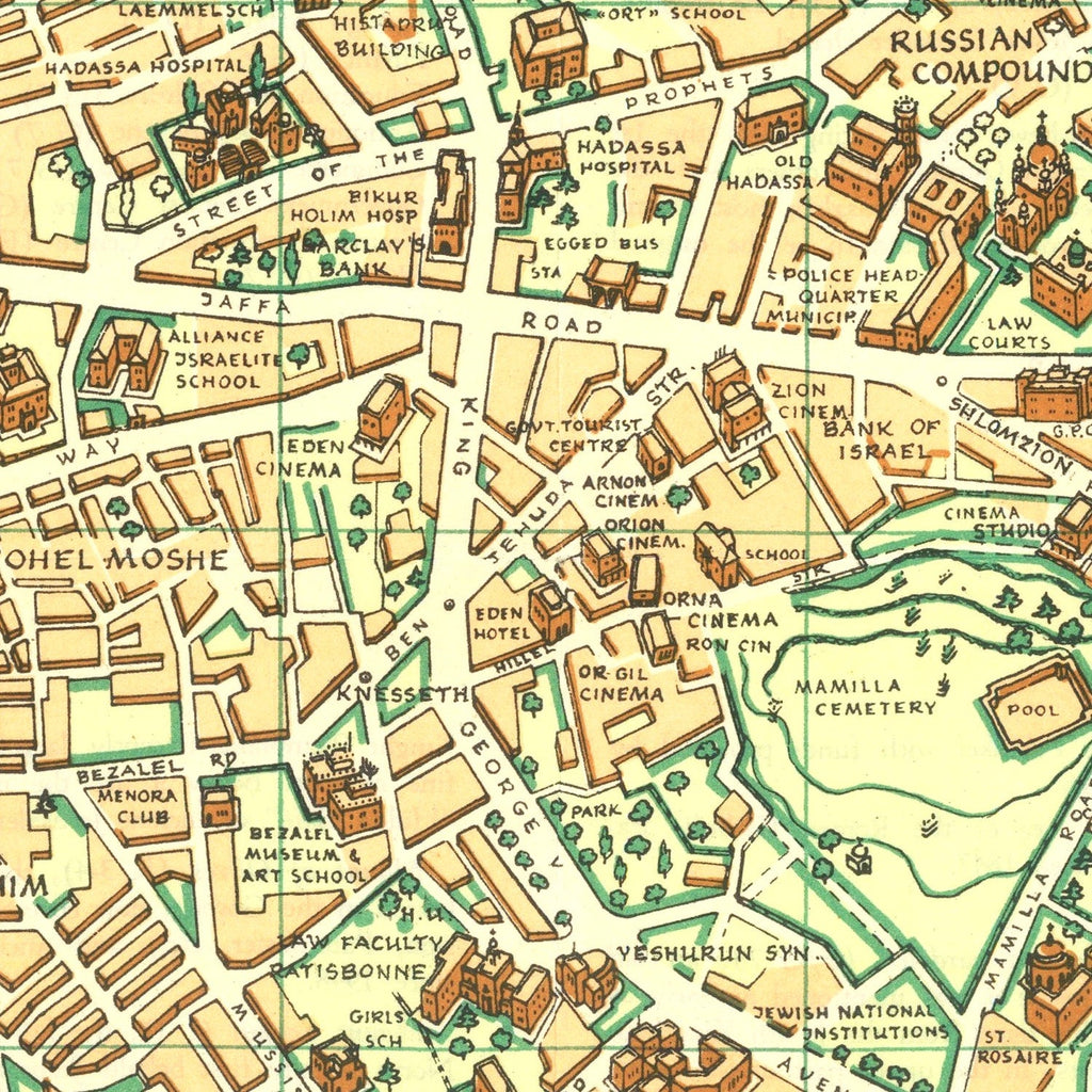 Vintage Map of Jerusalem, Israel 1955