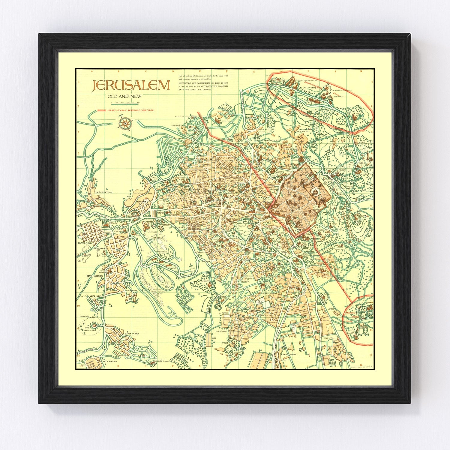 Vintage Map of Jerusalem, Israel 1955