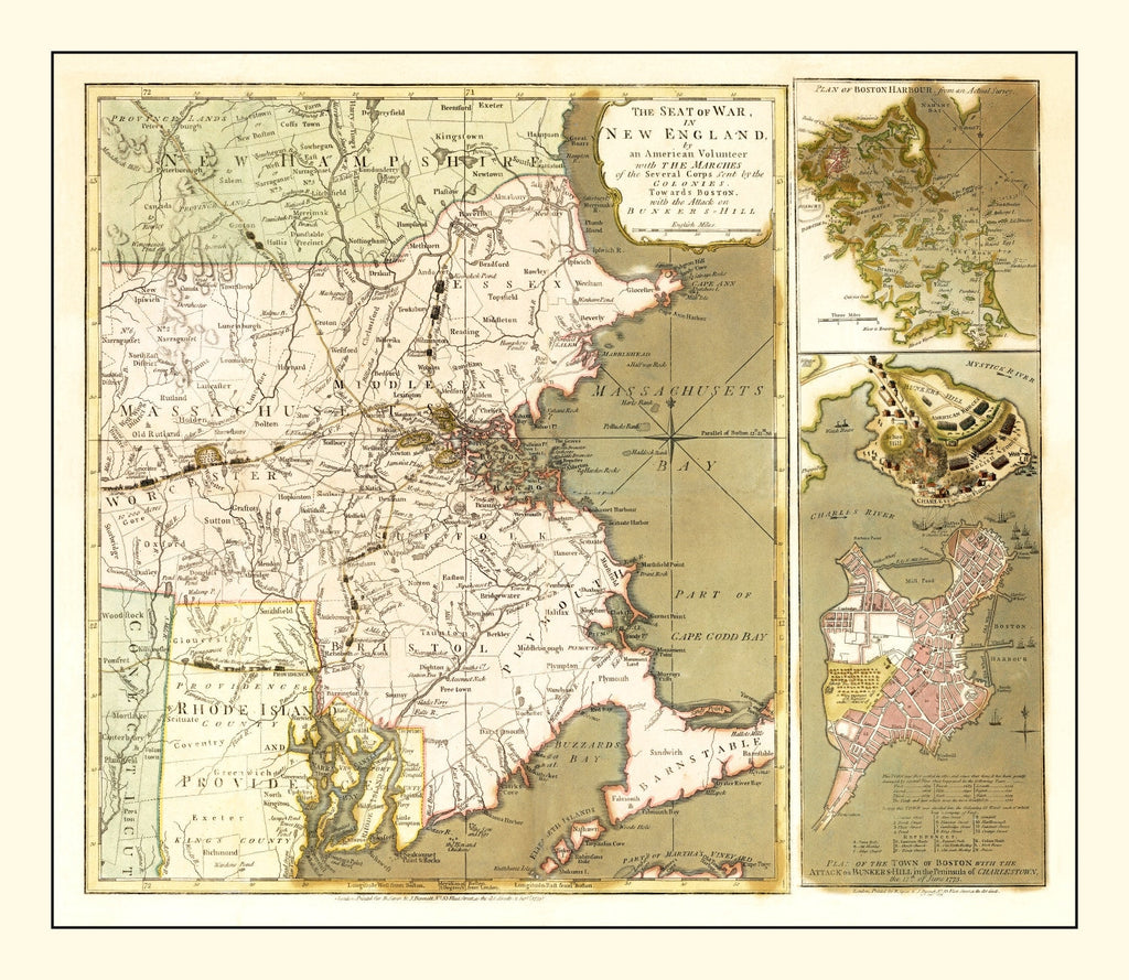 Vintage Map of the Seat of War in New England 1775