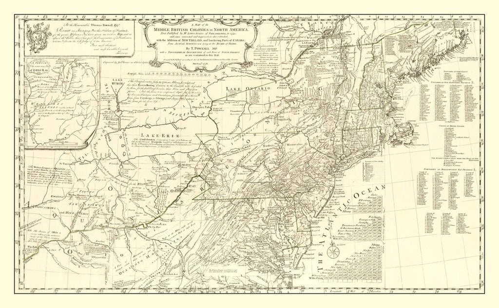 Vintage Map of the Middle British Colonies in North America 1755