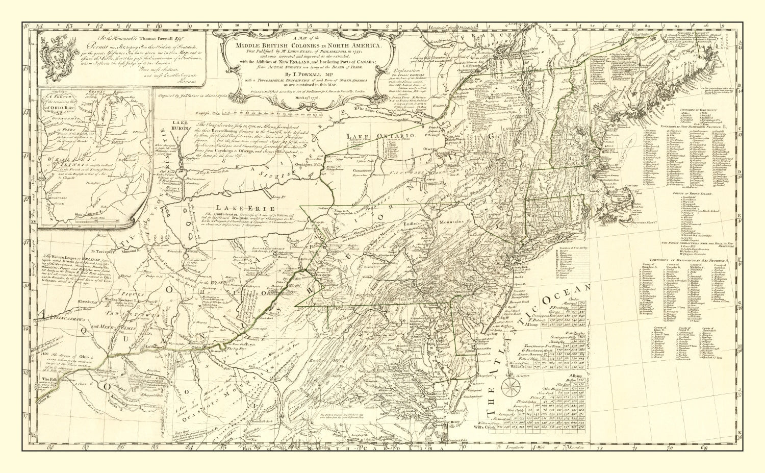Vintage Map of the Middle British Colonies in North America 1755