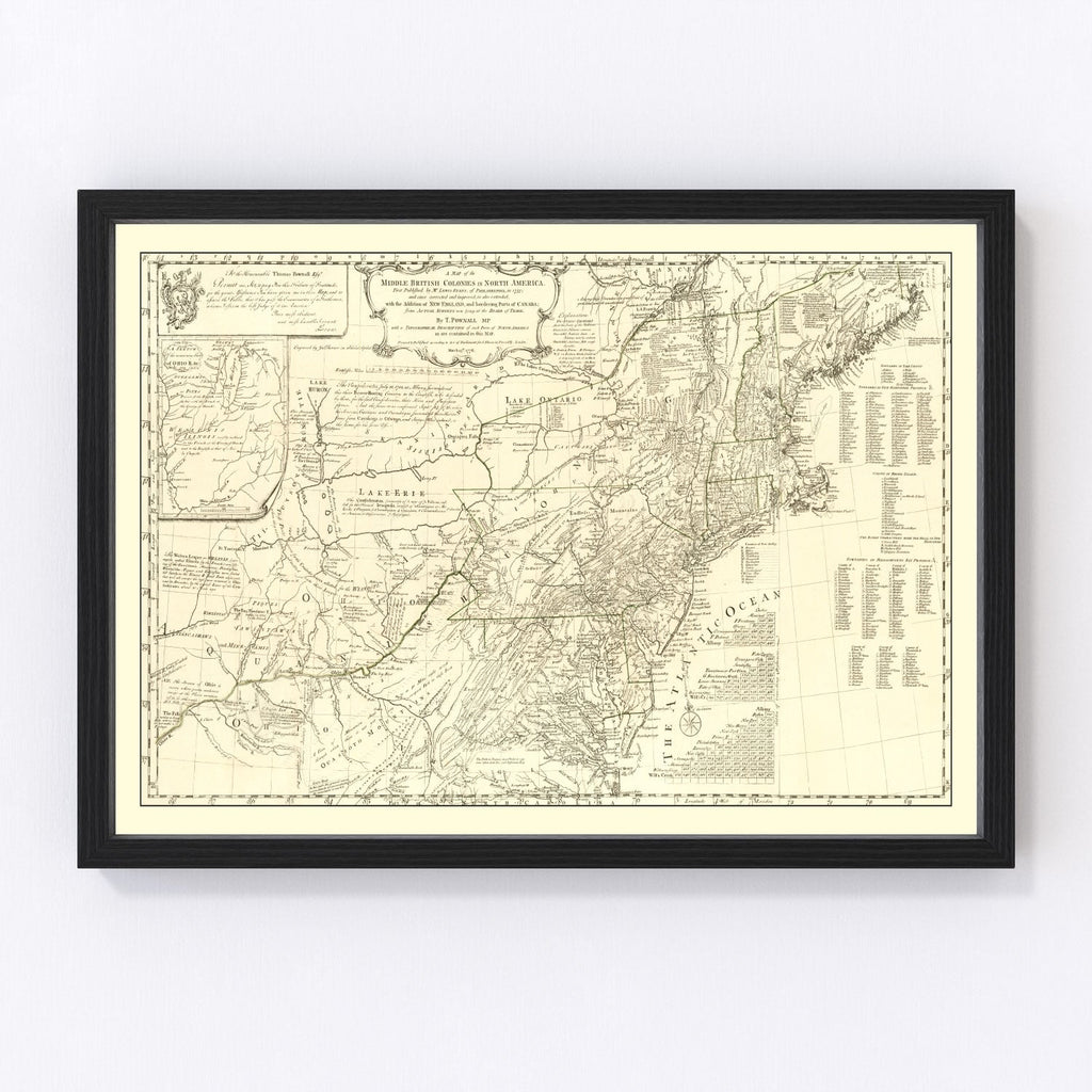 Vintage Map of the Middle British Colonies in North America 1755