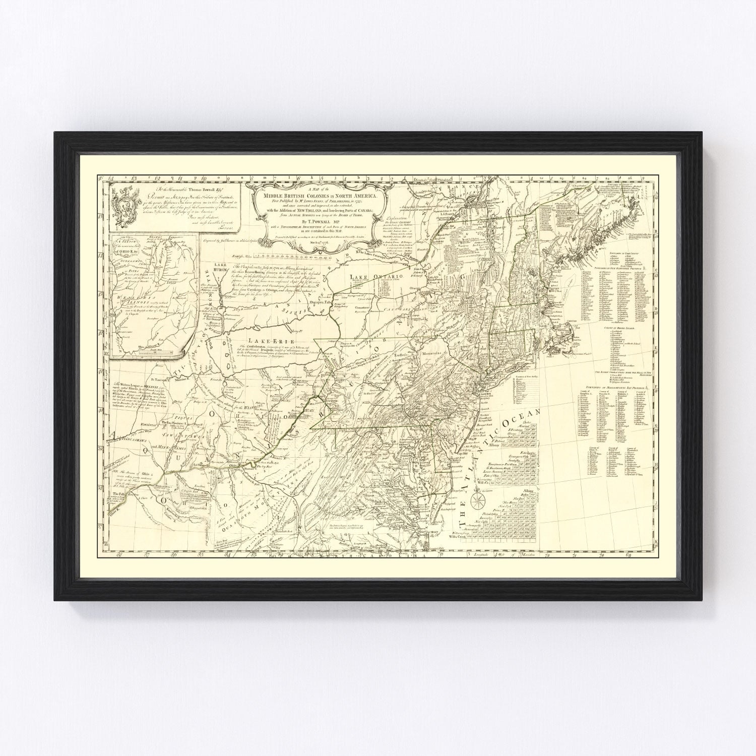 Vintage Map of the Middle British Colonies in North America 1755