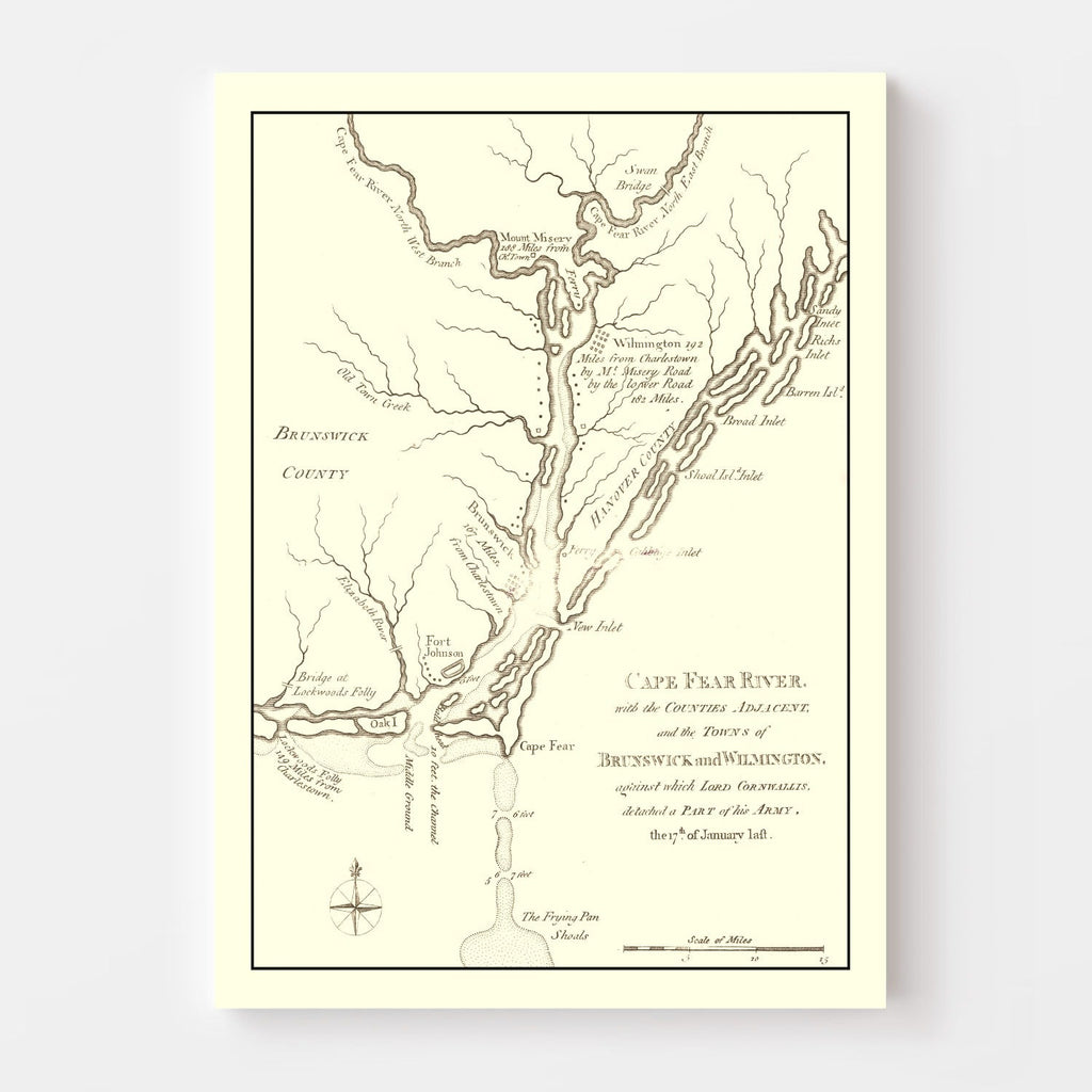 Vintage Cape Fear River Map, North Carolina 1781