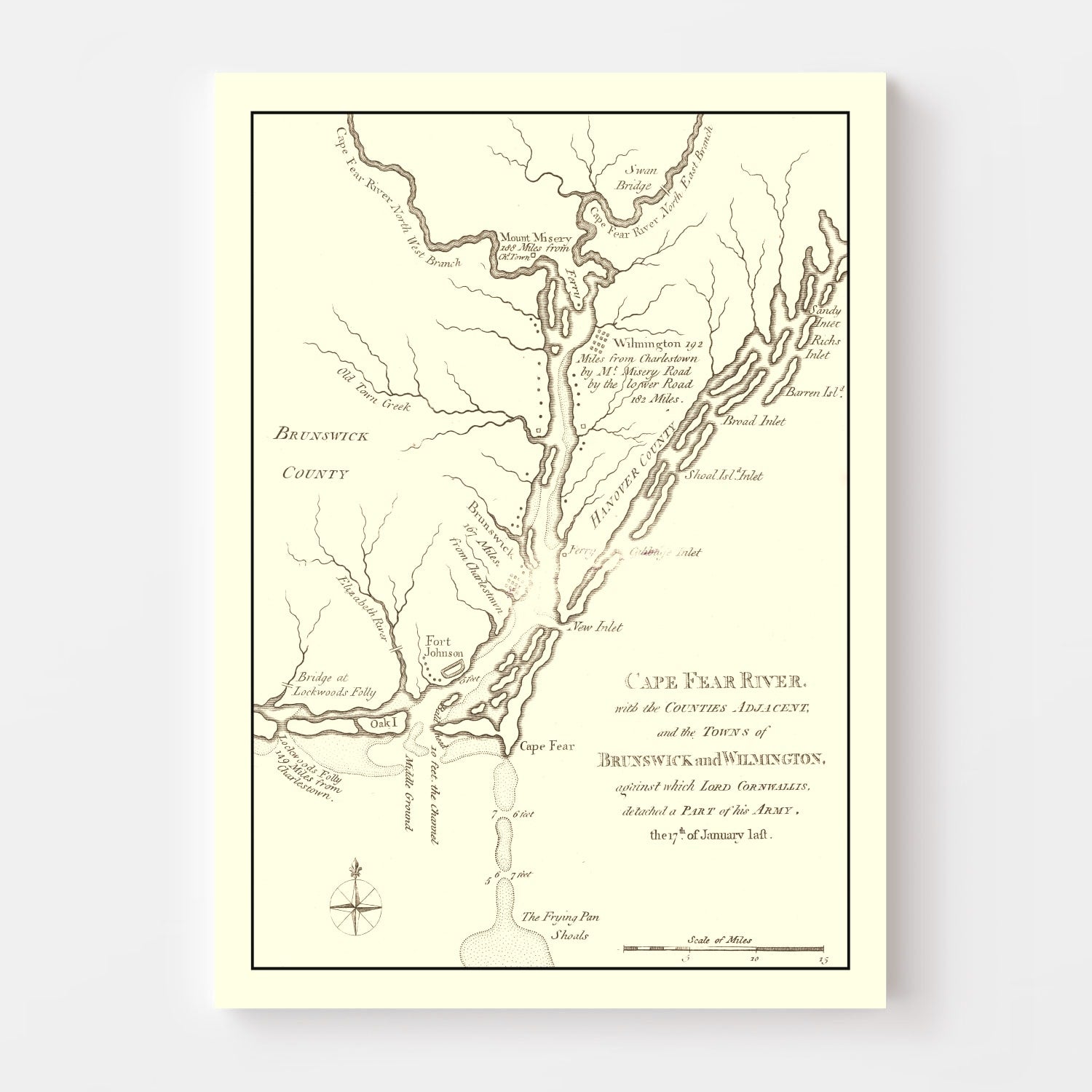 Vintage Cape Fear River Map, North Carolina 1781