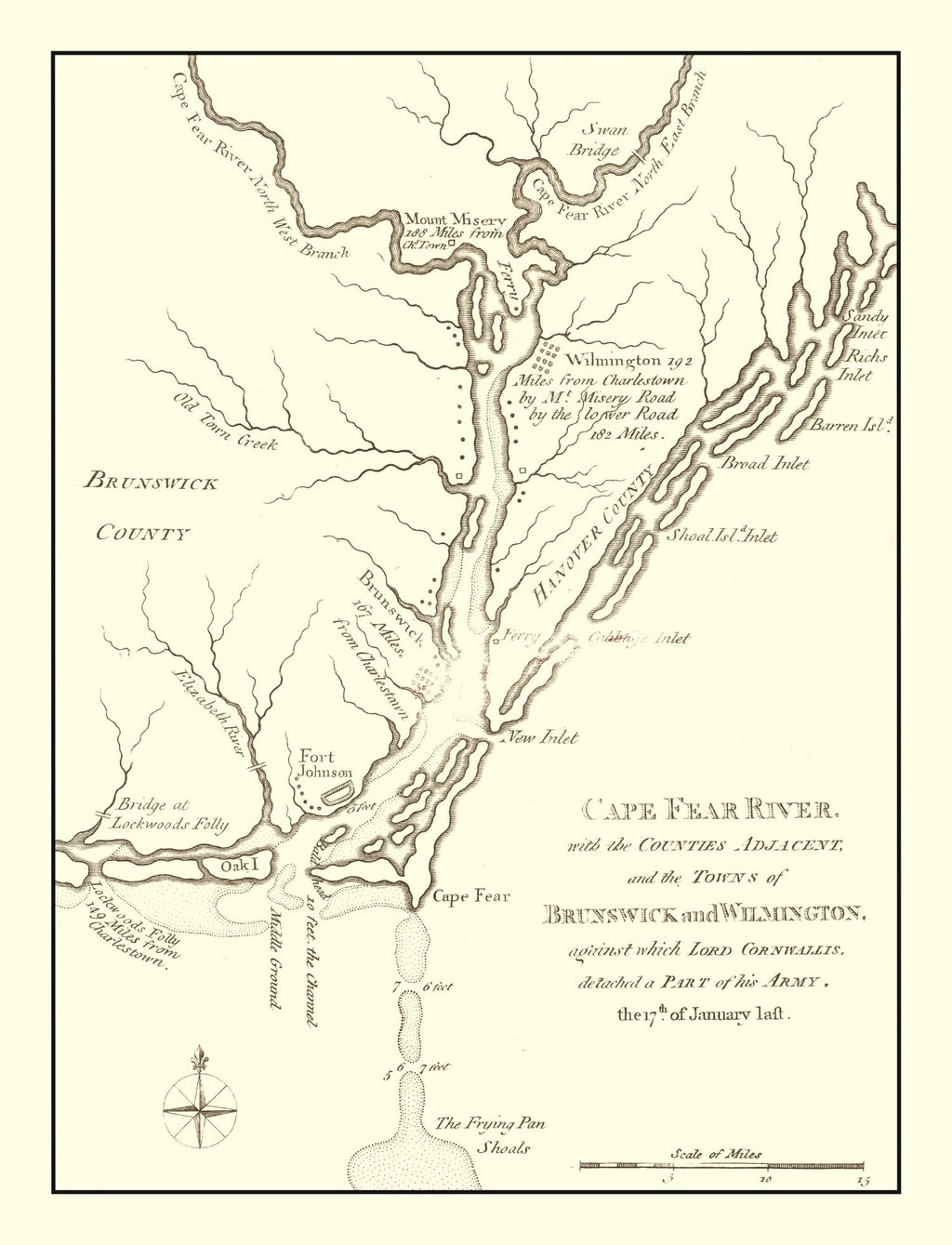 Vintage Cape Fear River Map, North Carolina 1781