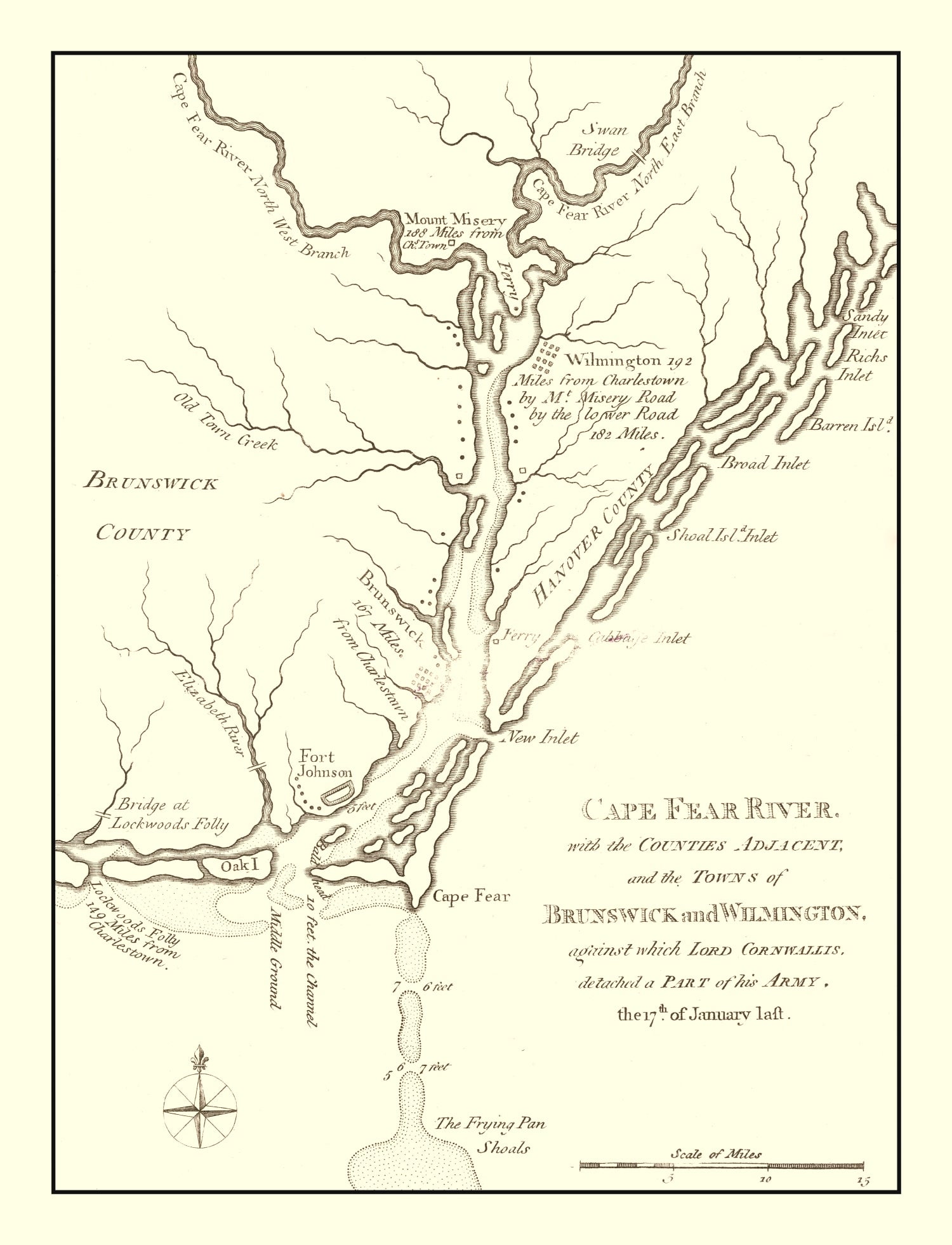 Vintage Cape Fear River Map, North Carolina 1781
