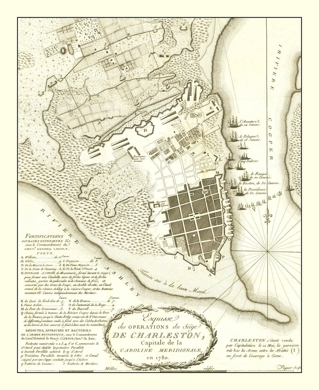 Vintage Siege of Charleston Map 1787