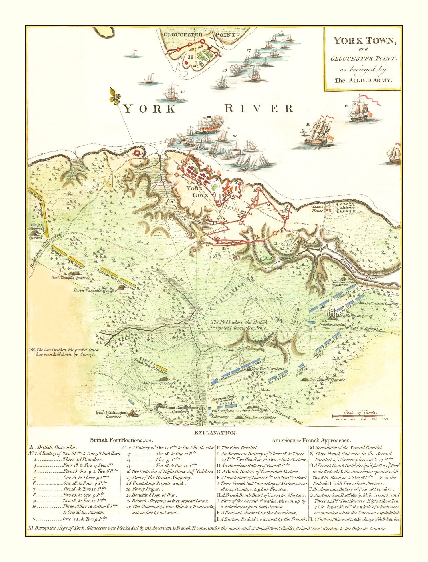 Vintage Yorktown & Gloucester Map 1788