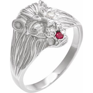 14K White Gold .06 CTW Natural Diamond & Natural Ruby Lion Head Ring