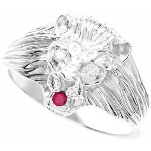 14K White Gold .06 CTW Natural Diamond & Natural Ruby Lion Head Ring